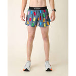 ChicknLegs men's running shorts with colorful porta potty print on gray background