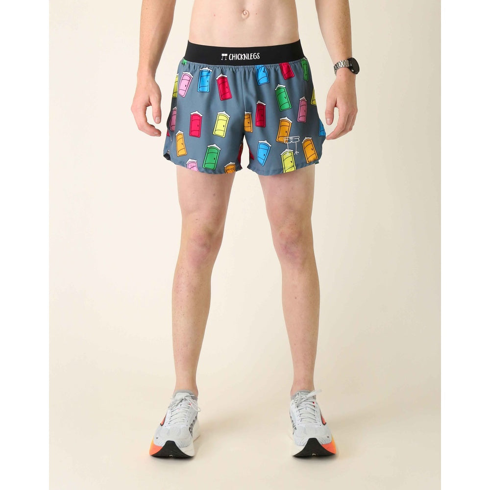 ChicknLegs men's running shorts with colorful milk carton print on gray background