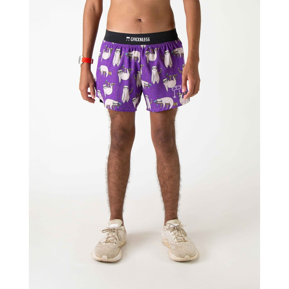 Purple ChicknLegs men's shorts with cute sloth pattern and black waistband
