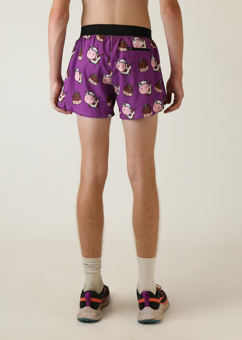 ChicknLegs men's purple shorts with cartoon cow and chocolate pattern