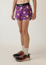 Purple ChicknLegs men's running shorts with cute cow and chocolate bar pattern