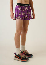 Purple ChicknLegs men's running shorts with chocolate cow print pattern