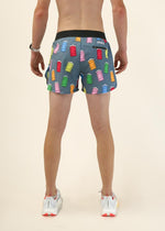 ChicknLegs men's running shorts with colorful milk carton print on gray background