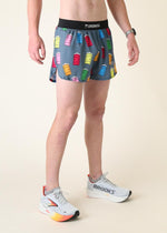 ChicknLegs men's running shorts with colorful milk carton pattern on gray background