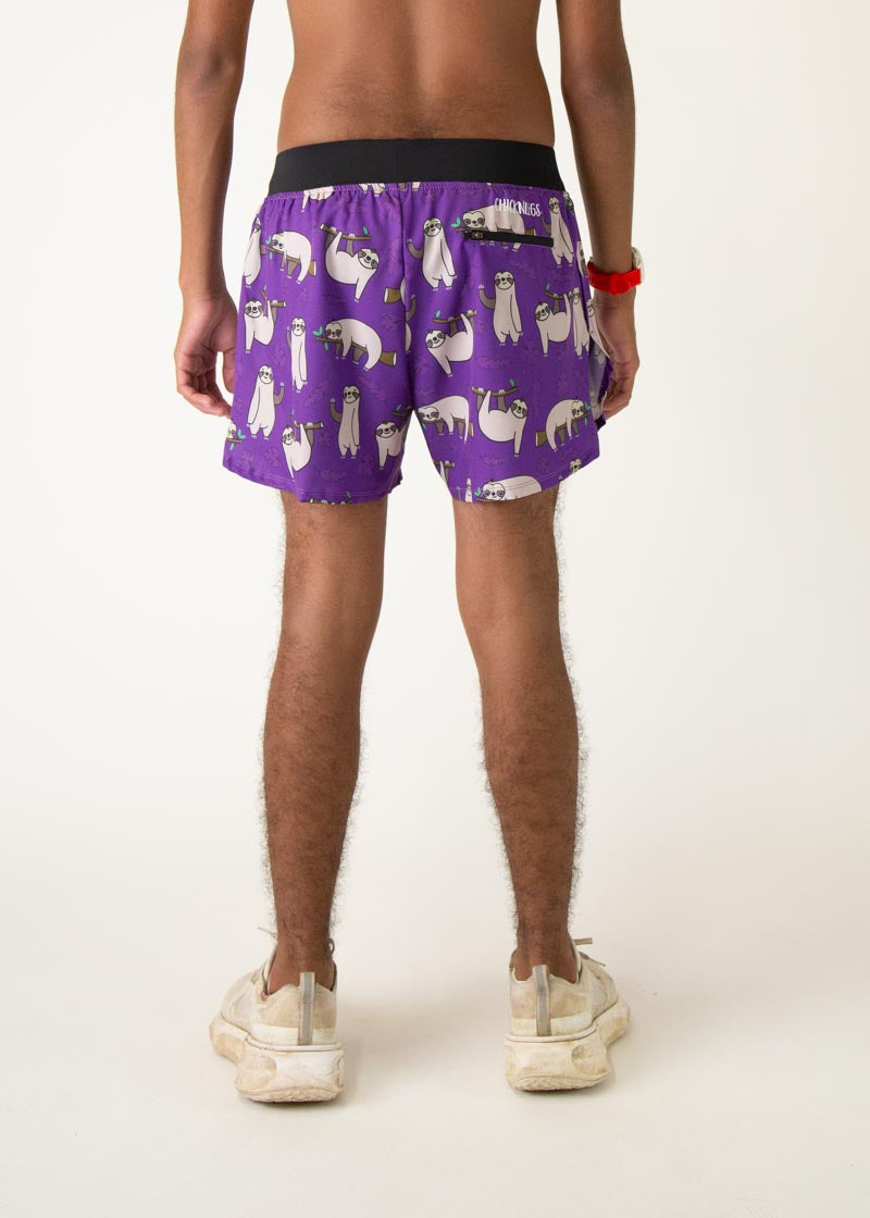 Purple men's running shorts with cute sloth pattern, 4-inch inseam
