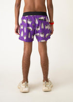 Purple shorts with cute sloth pattern worn by male model from behind