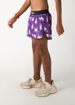 Purple ChicknLegs men's running shorts with cute sloth print pattern