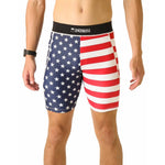 ChicknLegs men's compression shorts with American flag pattern design