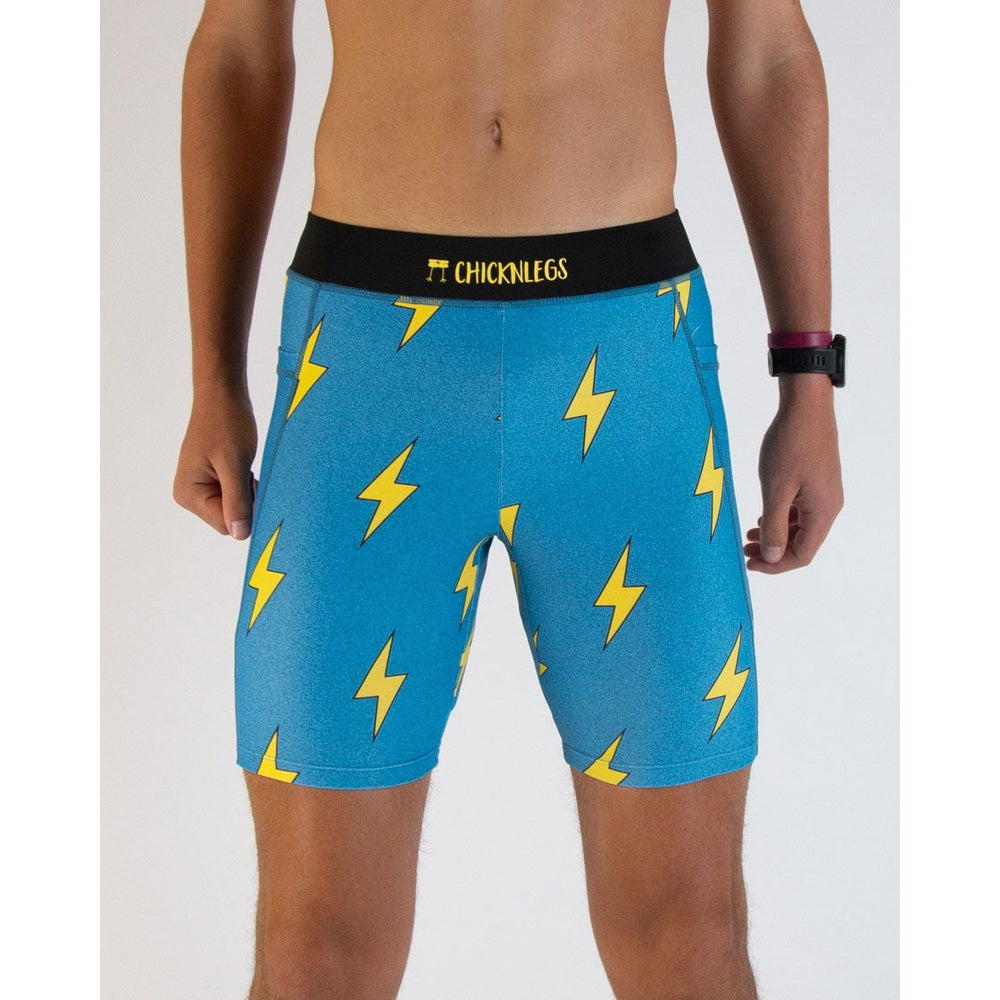 Chicknlegs men's blue compression shorts with yellow lightning bolt pattern