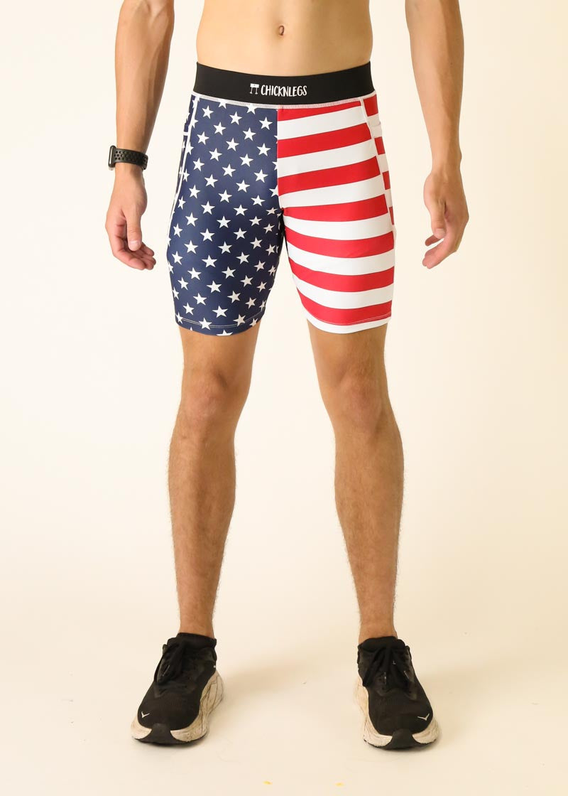 ChicknLegs men's compression shorts in American flag pattern with stars and stripes