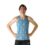 Man wearing blue athletic tank top with yellow lightning bolt pattern