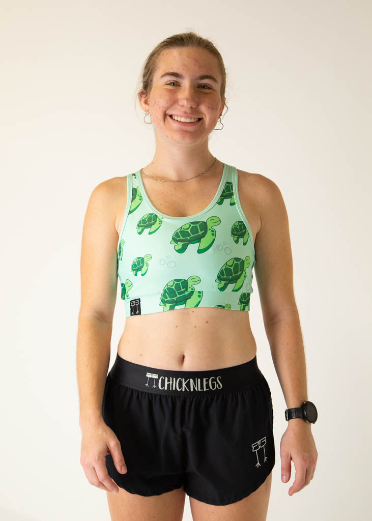 ChicknLegs OG Sports Bra in mint green with sea turtle print pattern