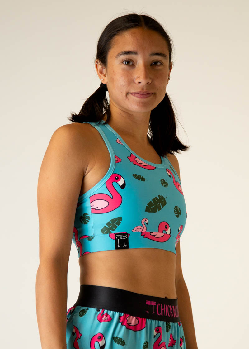 ChicknLegs OG Sports Bra in turquoise blue with pink flamingo tropical print