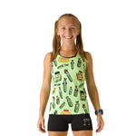 Woman wearing light green athletic singlet with pickle pattern and black shorts