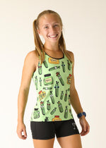 Woman wearing light green ChicknLegs performance singlet with cartoon pickle pattern