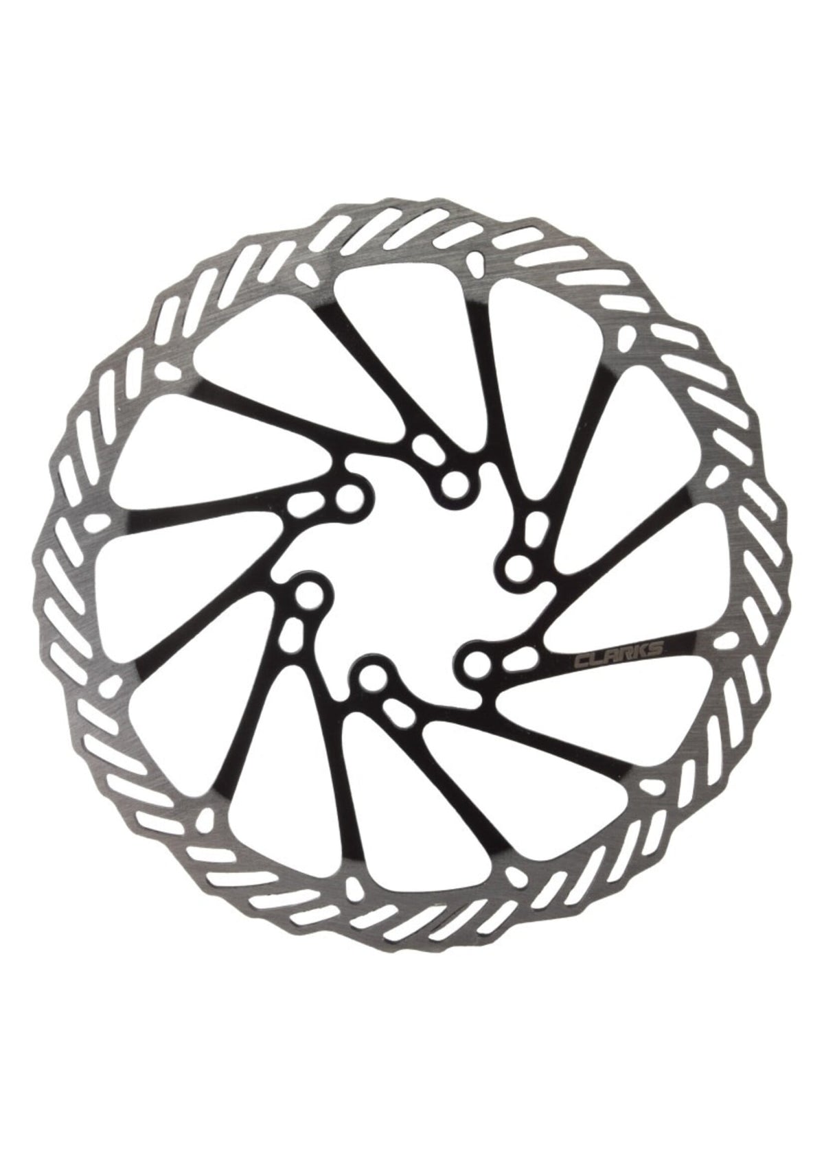 Clarks CL 160 disc brake rotor in silver and black with cutout spoke pattern
