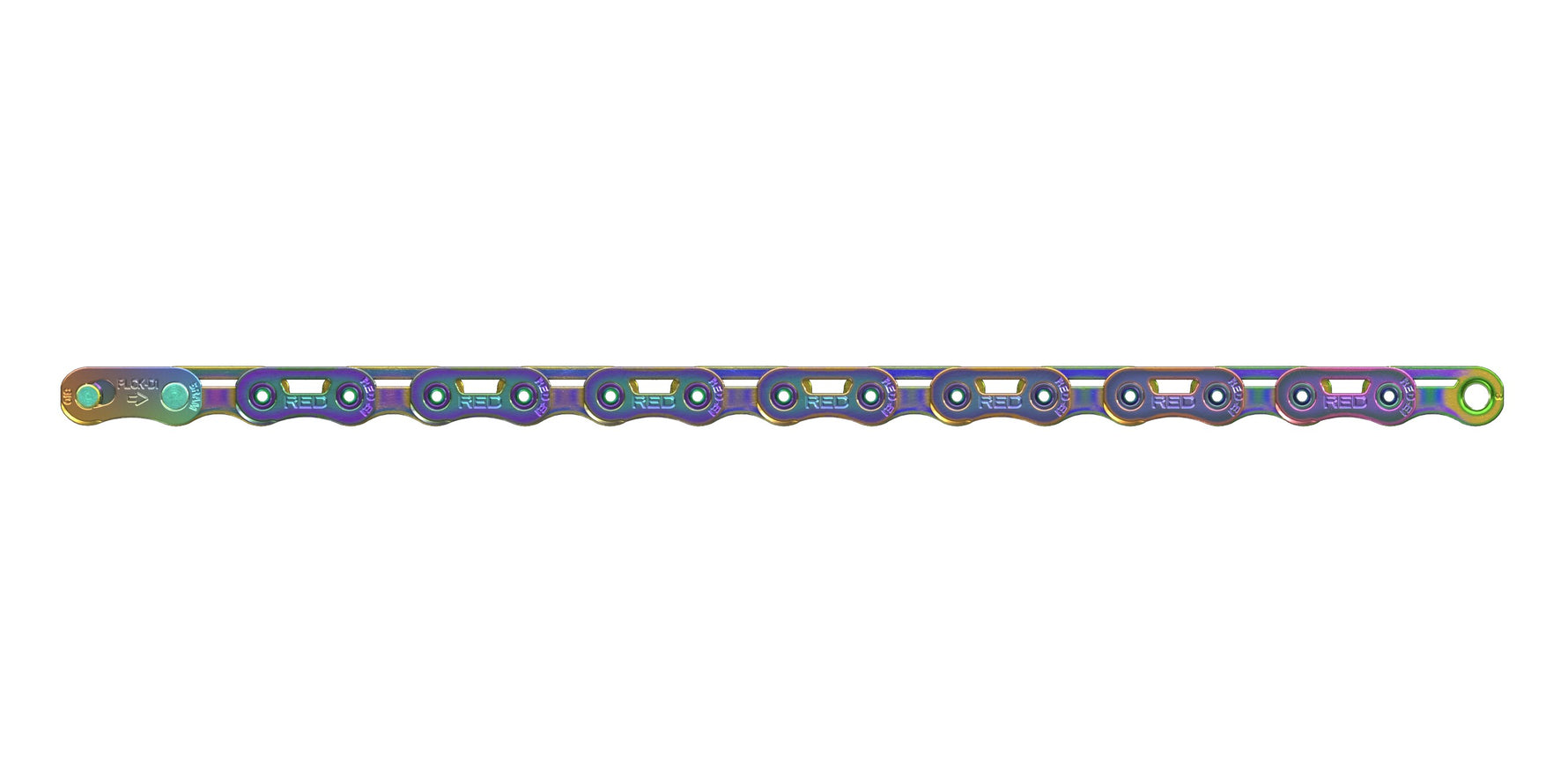 SRAM Red E1 Flattop 12-speed bicycle chain with rainbow iridescent coating and PowerLock connector