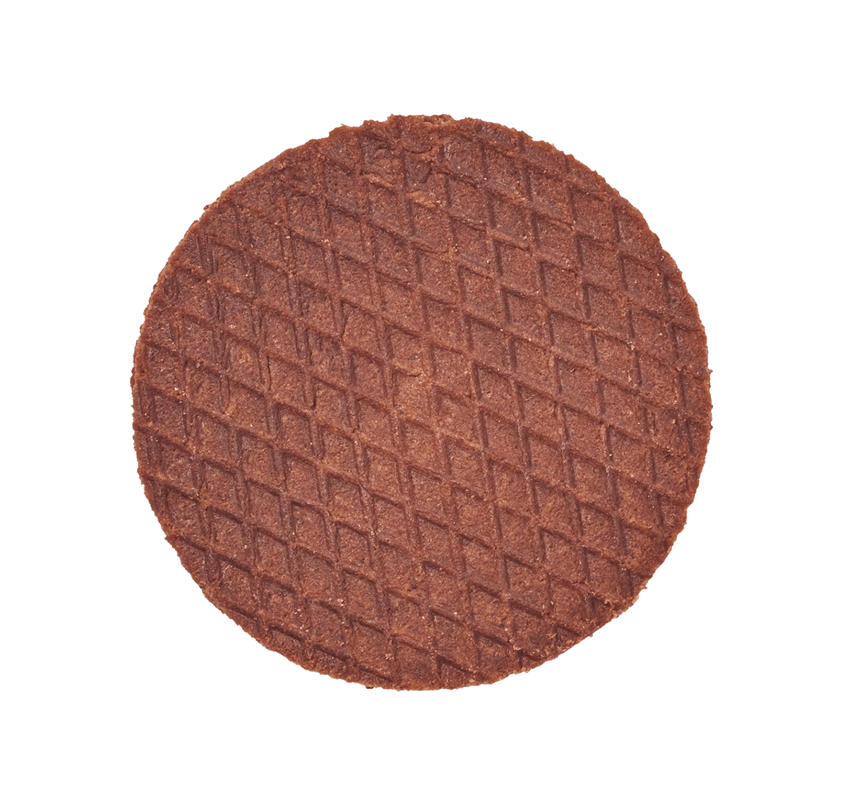 Single UnTapped cocoa waffle with dark brown waffle grid pattern on white background