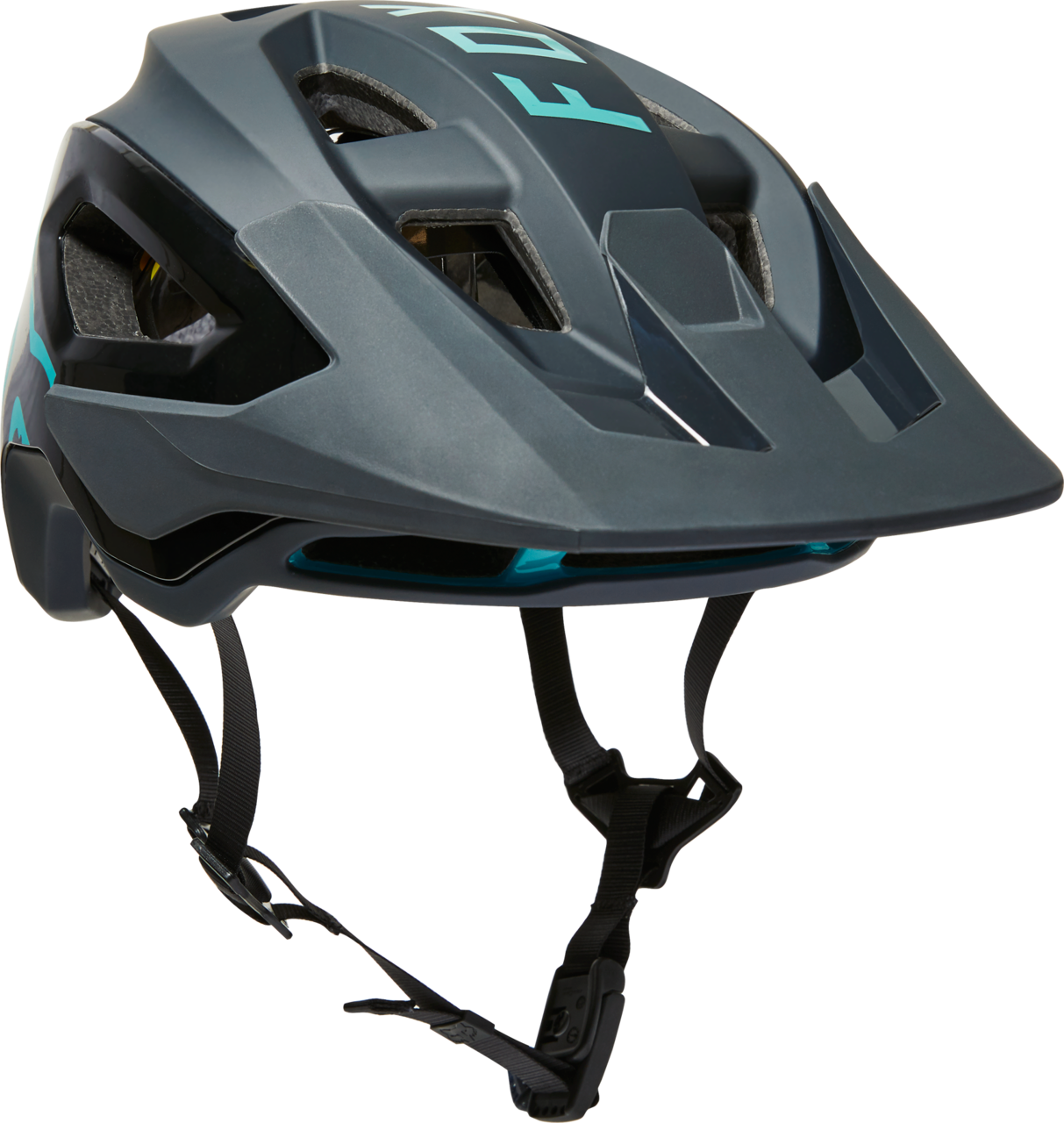 Fox Racing Speedframe Pro mountain bike helmet in slate blue with teal accents