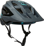 Fox Racing Speedframe Pro mountain bike helmet in slate blue with teal accents and visor