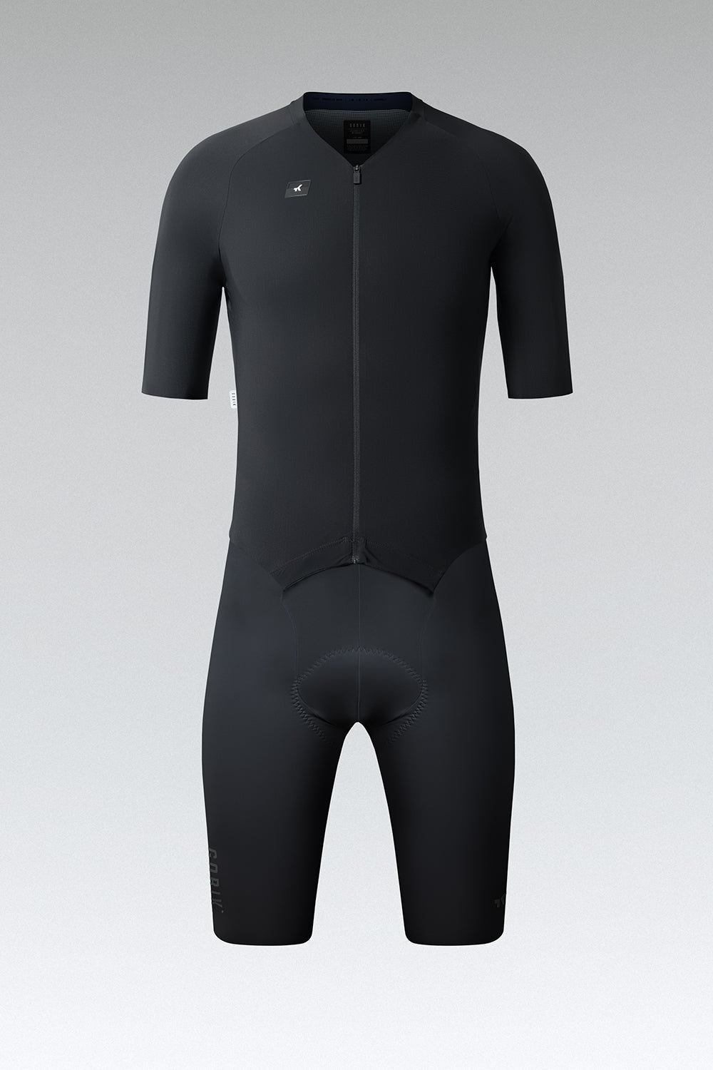 Gobik Integral Hudson Solid men's cycling suit in black, front view flat product shot