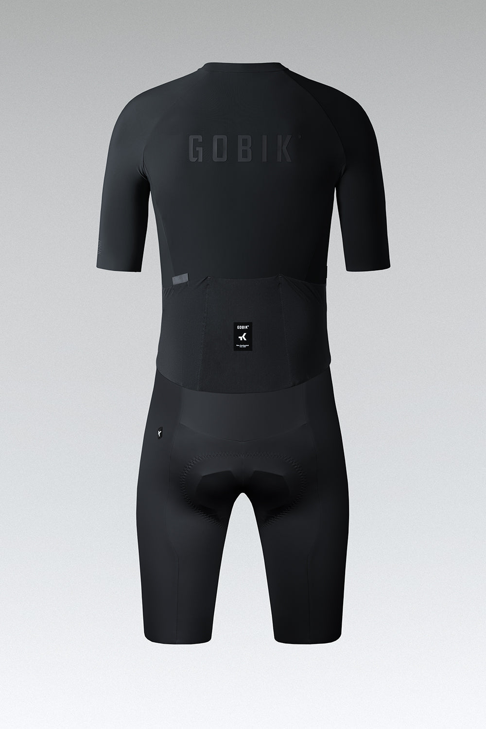 Gobik Integral Hudson Solid men's cycling suit in black, rear view flat product shot