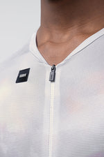 Gobik branded zipper and label detail on white Crisp Aerosuit Madison cycling jersey close-up