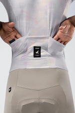 Detail of Gobik Aerosuit Madison rear pockets and brand label in Crisp colorway