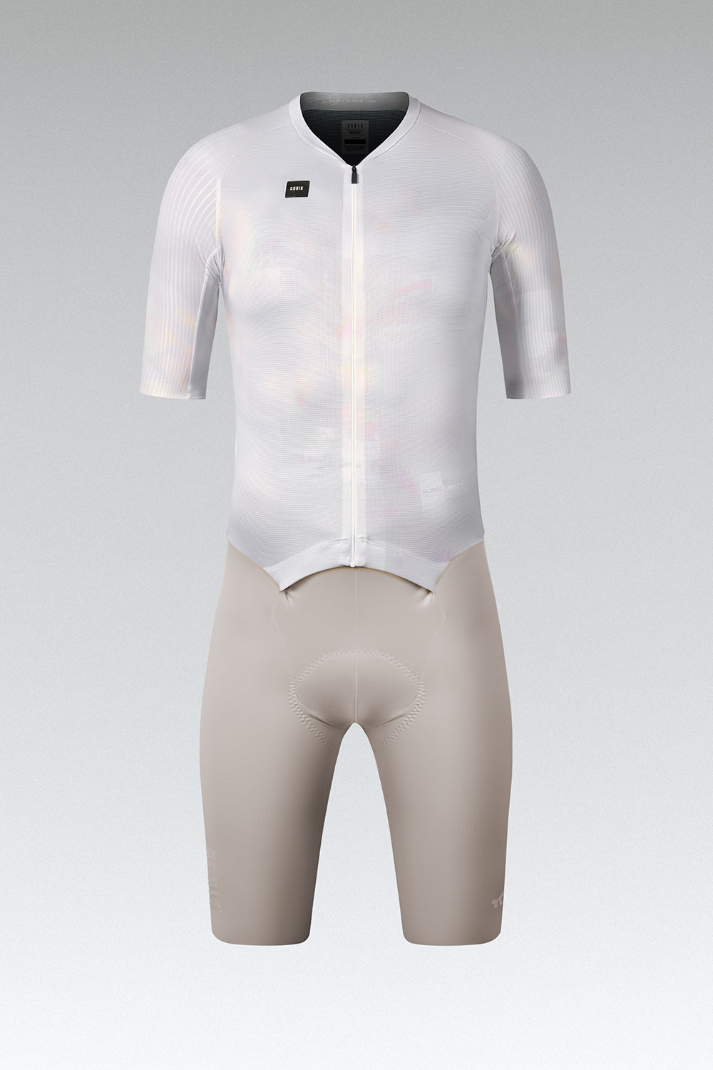 Gobik Aerosuit Madison Men front view on mannequin in white iridescent Crisp colorway