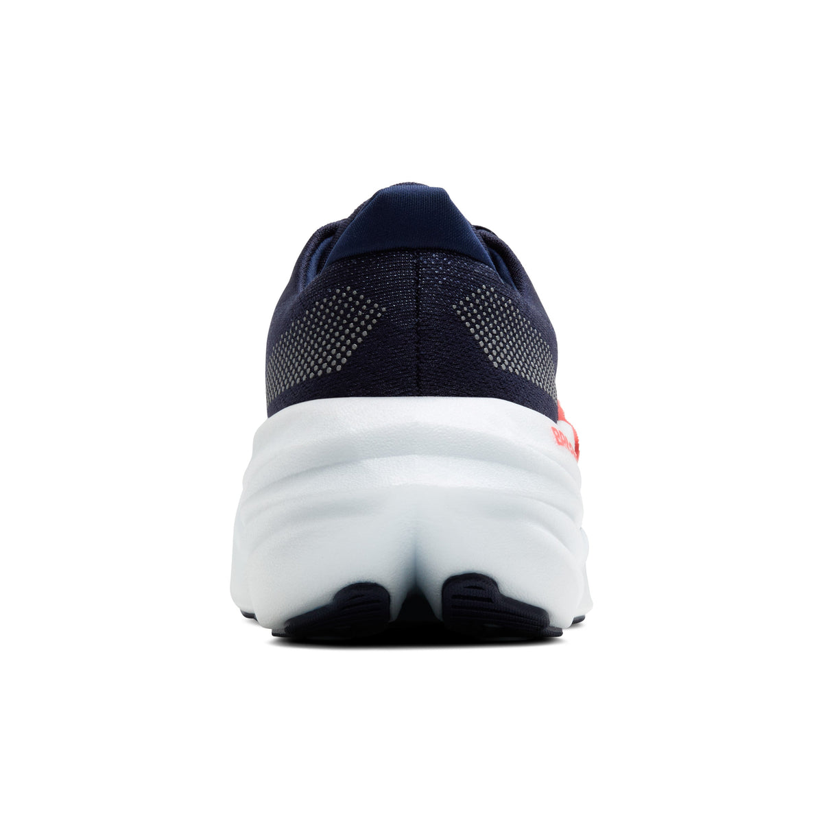 Brooks Glycerin Max running shoe heel view showing navy upper with coral accent