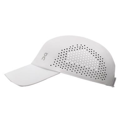 On Lightweight Unisex Cap in white with perforated ventilation panel, side view