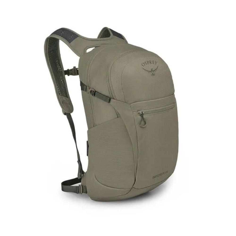 Osprey Daylite Plus backpack in tan concrete colorway, front three-quarter view