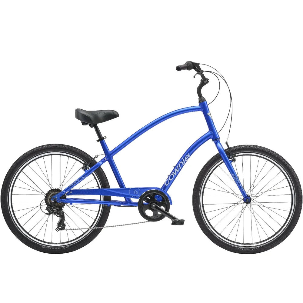 Blue Electra Townie cruiser bicycle with curved frame and multi-speed drivetrain