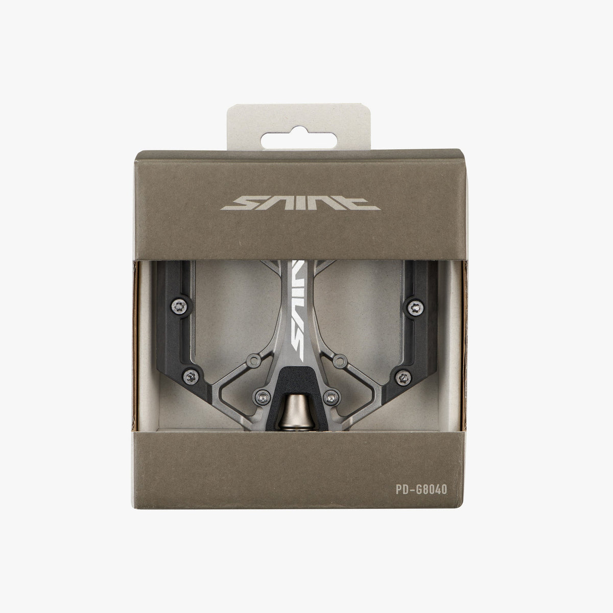 Shimano Saint PD-G8040 flat pedals shown in official retail packaging box on white background
