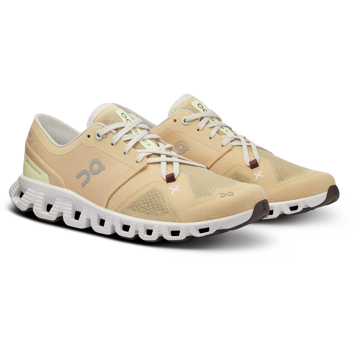 On Cloud X 3 women's running shoes in savannah beige with white sole