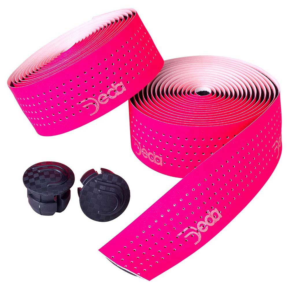 Deda Elementi Mistral fluro pink perforated handlebar tape rolls with black end plugs