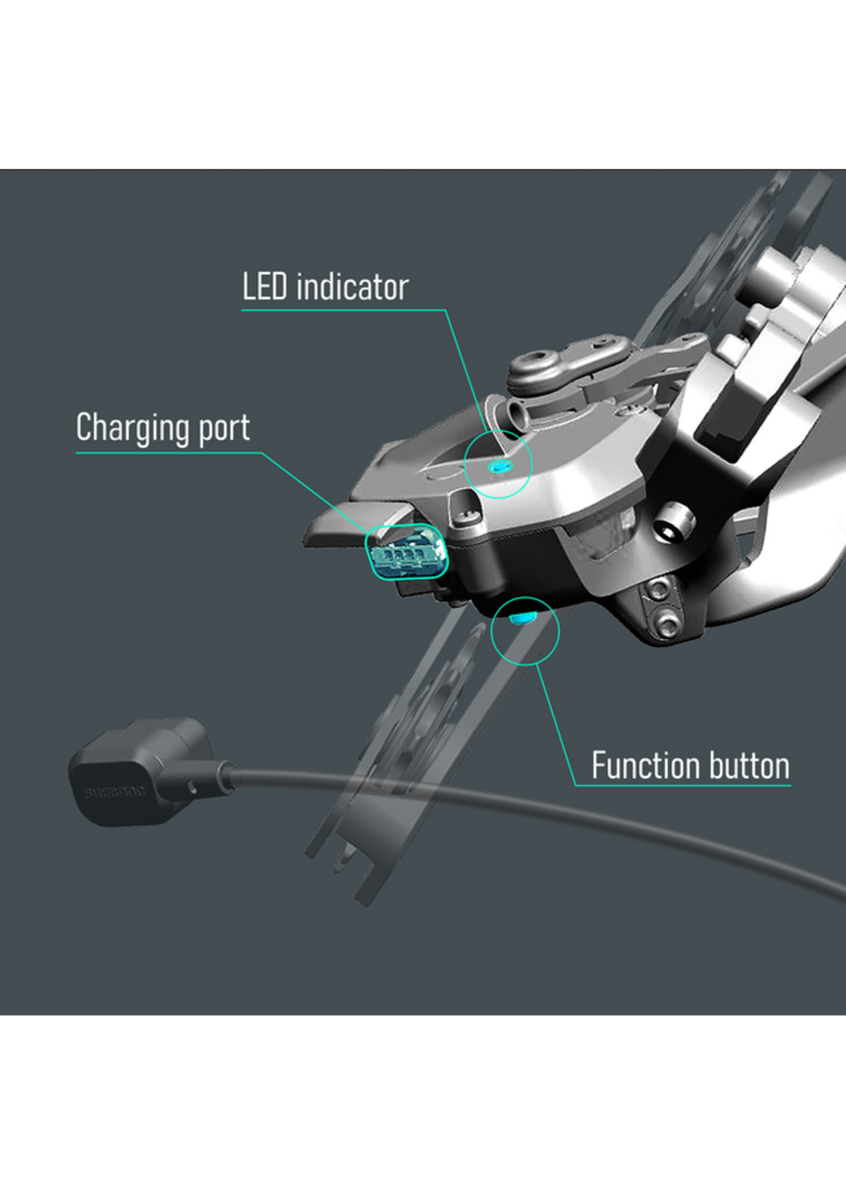 Shimano Dura-Ace RD-R9250 rear derailleur with labeled LED indicator, charging port, and function button