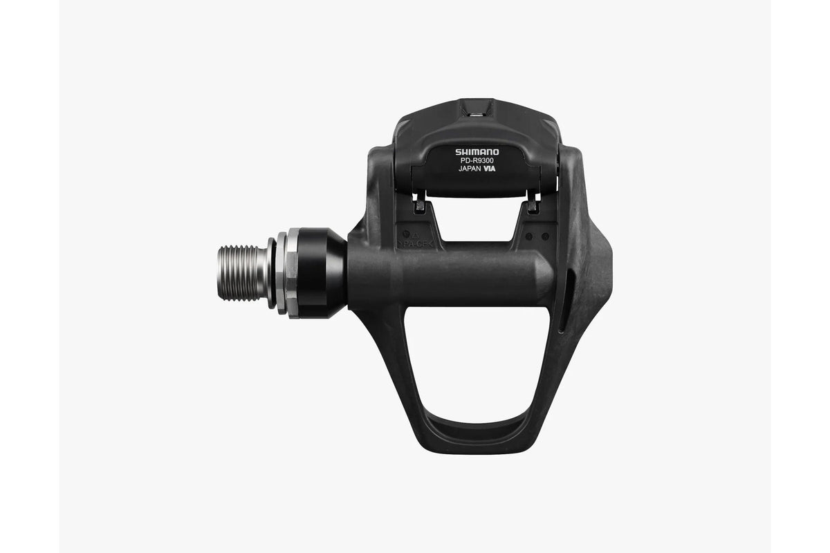 Shimano PD-R9300 Dura-Ace SPD-SL pedal underside view showing model number label, black
