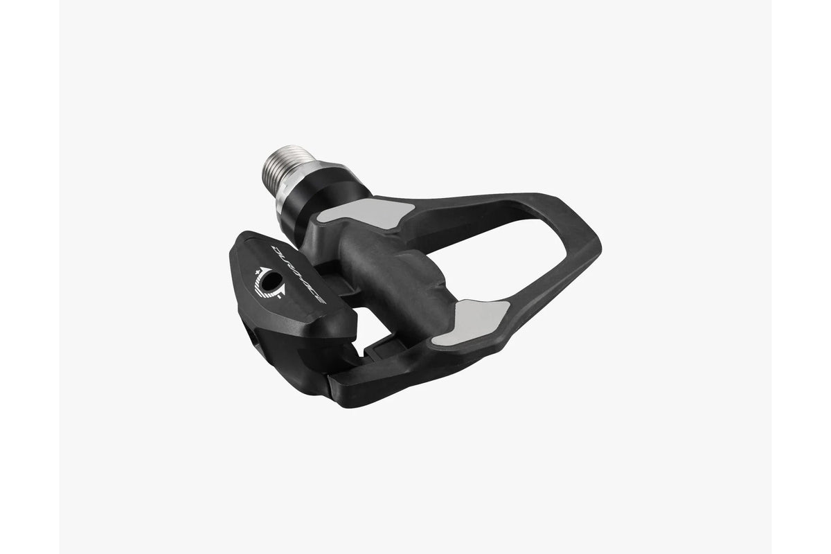 Shimano Dura-Ace PD-R9300 SPD-SL road pedal angled perspective view, black with gray accents
