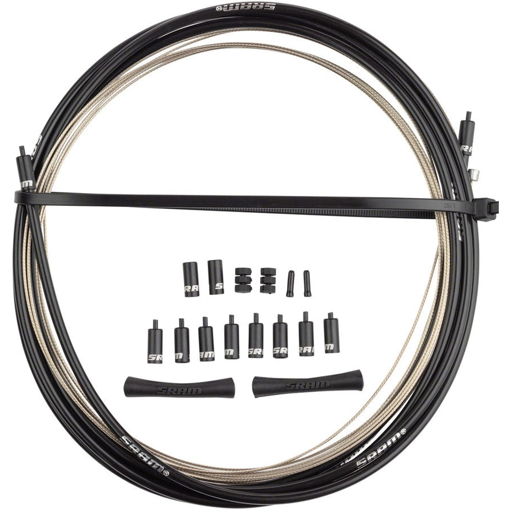 SRAM Slickwire black shift cable kit with housing, ferrules, and end caps displayed
