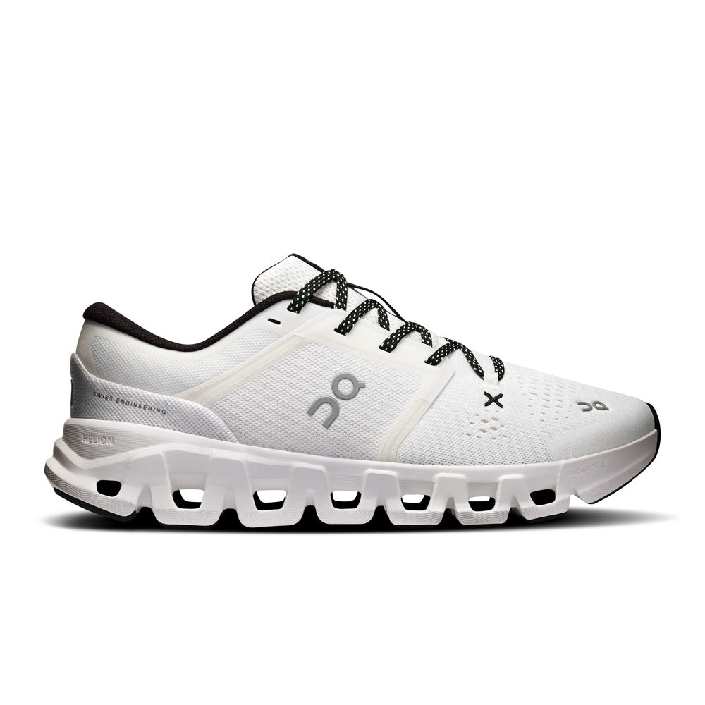 On Cloud X 5 running shoe in white and black with CloudTec sole, lateral view
