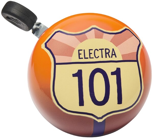 Electra bicycle bell featuring orange Highway 101 road sign design with sunburst pattern