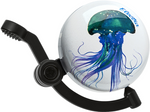 Electra bicycle bell with white dome featuring blue jellyfish artwork and black mounting clamp