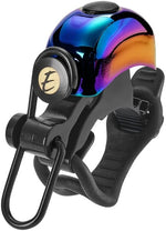 Electra bicycle bell with iridescent aurora oil slick finish and black mounting hardware