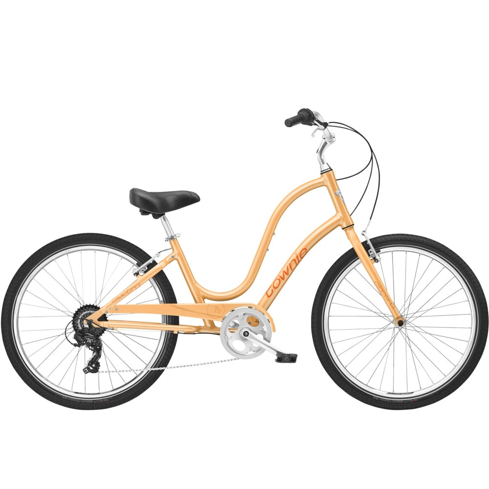 Orange Electra Townie step-through cruiser bike with curved frame and comfort handlebars