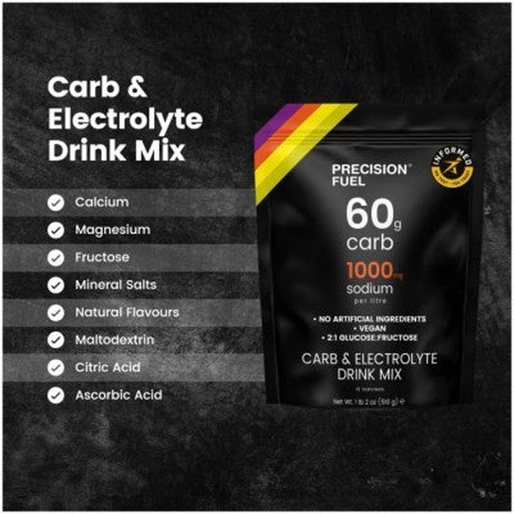 Precision Fuel 60g Carb and Electrolyte Drink Mix black bag with ingredient list