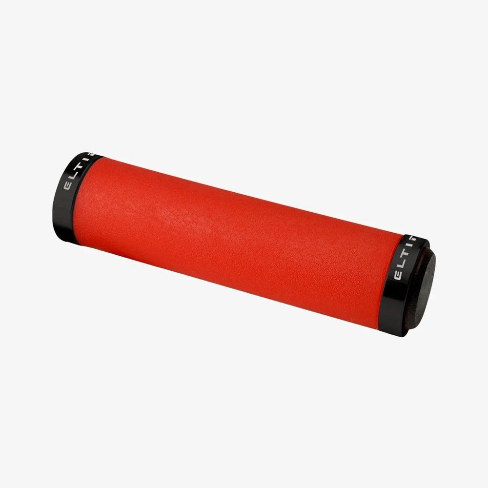 Eltin red silicone bicycle handlebar grip with black end caps on white background