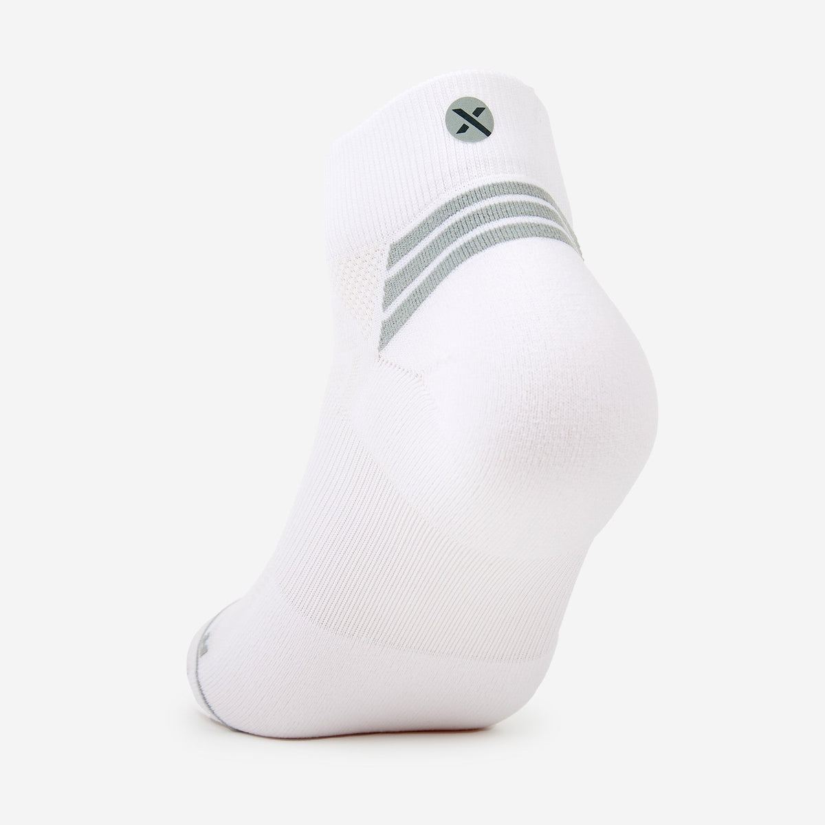 Thorlos Experia XSpeed white sock rear view showing X logo and gray heel stripe detail