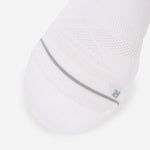 Thorlos Experia XSpeed white sock close-up detail of toe box and gray seam construction