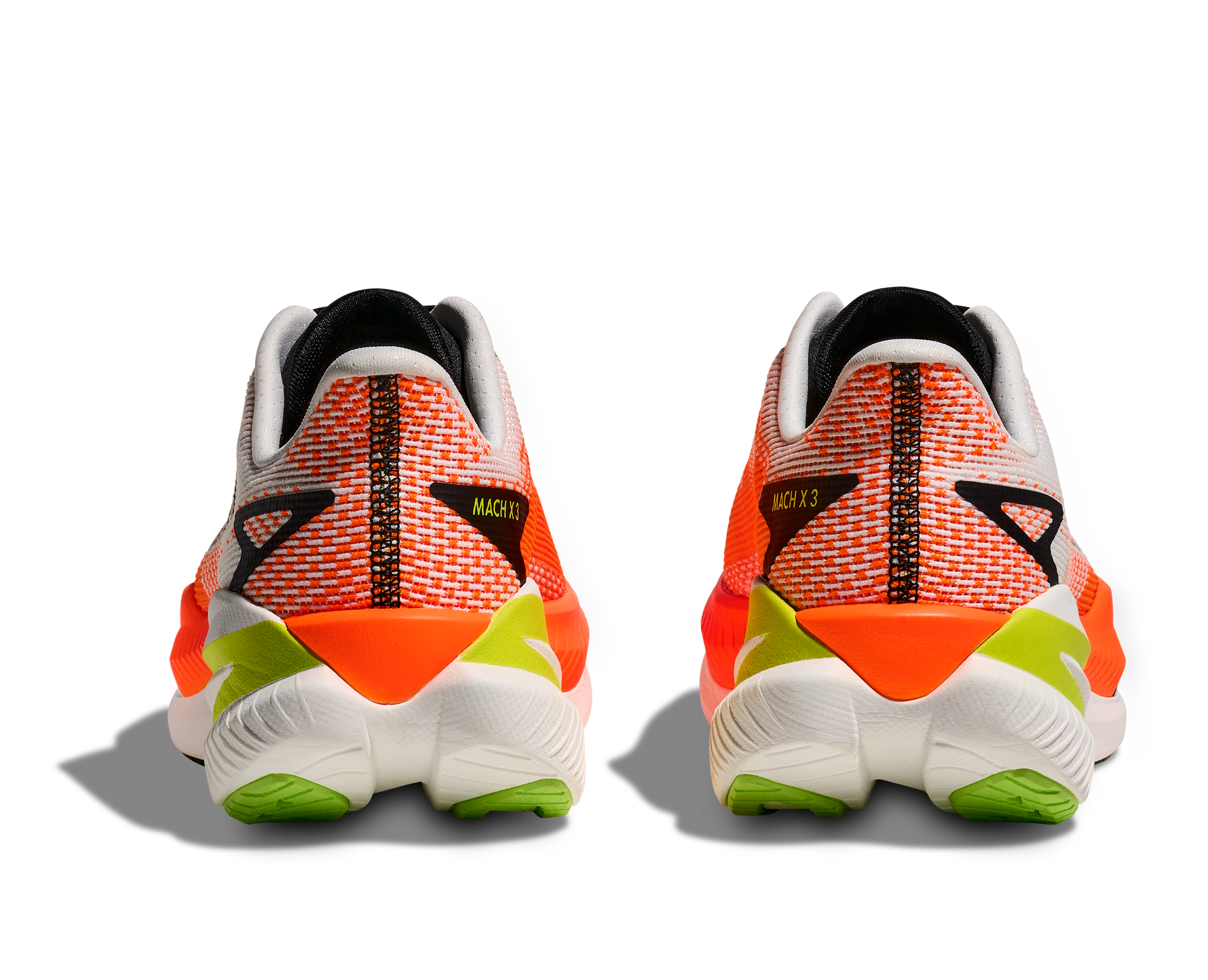 Hoka Mach X 3 running shoes in white with orange and lime green details, rear view